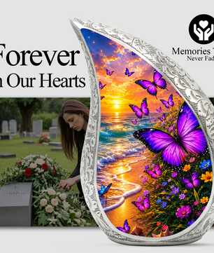 Purple Butterfly Memorial Urn for Mom, Beach Butterfly Cremation Urn for Ashes