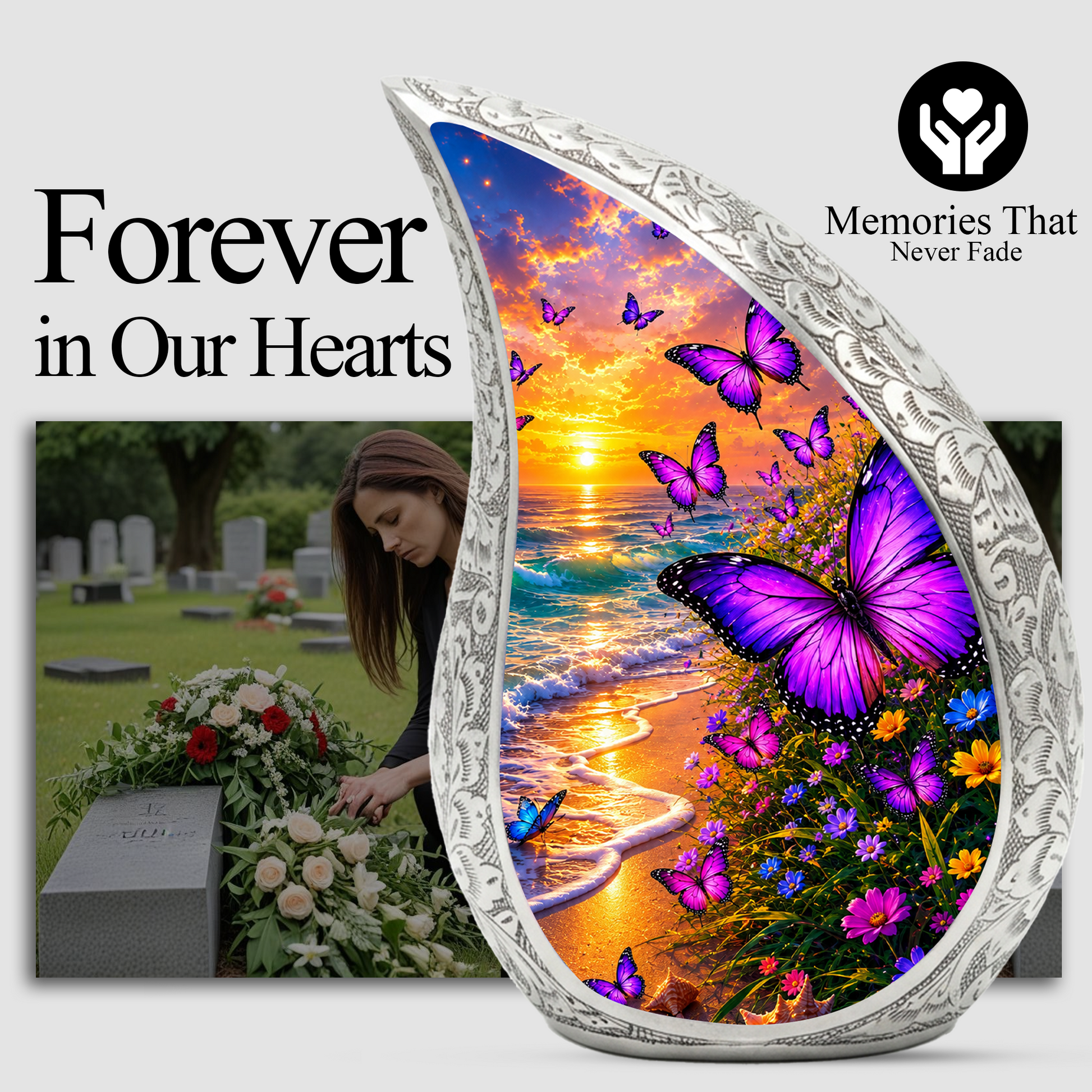 Purple Butterfly Memorial Urn for Mom, Beach Butterfly Cremation Urn for Ashes