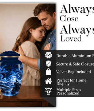 Personalized Adult Cremation Urn for Ashes, Blue Lightning Wolf Memorial Urn, Custom Wolf Howling at Moon Urn