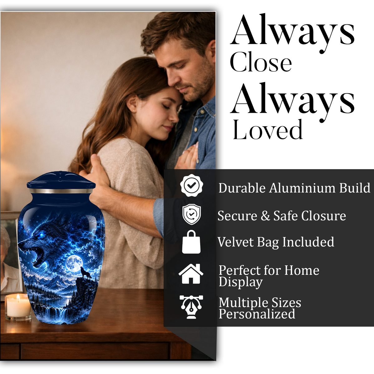 Personalized Adult Cremation Urn for Ashes, Blue Lightning Wolf Memorial Urn, Custom Wolf Howling at Moon Urn