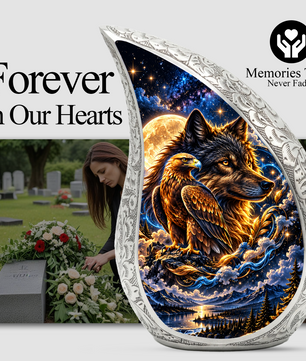 Wolf and Eagle Cremation Urn for Ashes, Wildlife Adult Memorial Urn, Celestial Animal Design