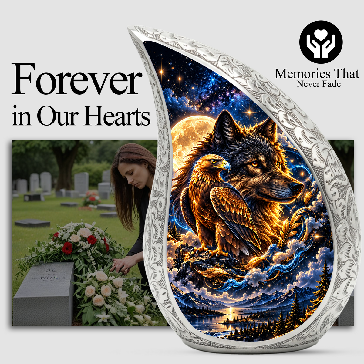 Wolf and Eagle Cremation Urn for Ashes, Wildlife Adult Memorial Urn, Celestial Animal Design
