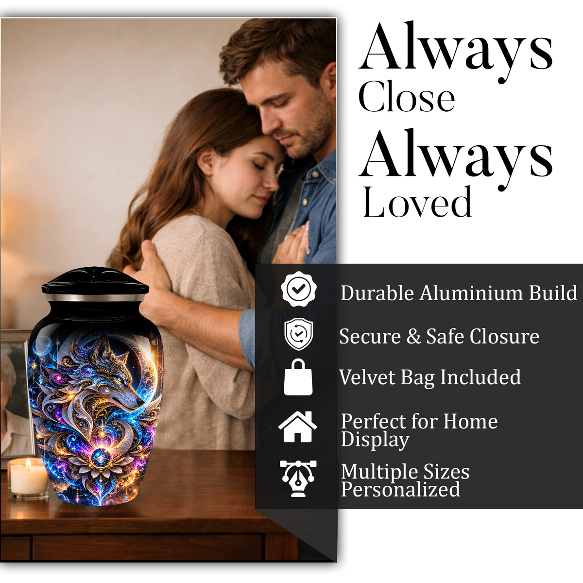 Personalized Adult Cremation Urn for Ashes, Celestial Wolf Memorial Urn, Fantasy Wolf Aluminum Cremation Urn