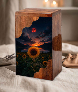 Sunflower Wooden Cremation Urn for Mom | Personalized Wooden Urn for Human Ashes | Red Moon Memorial Urn