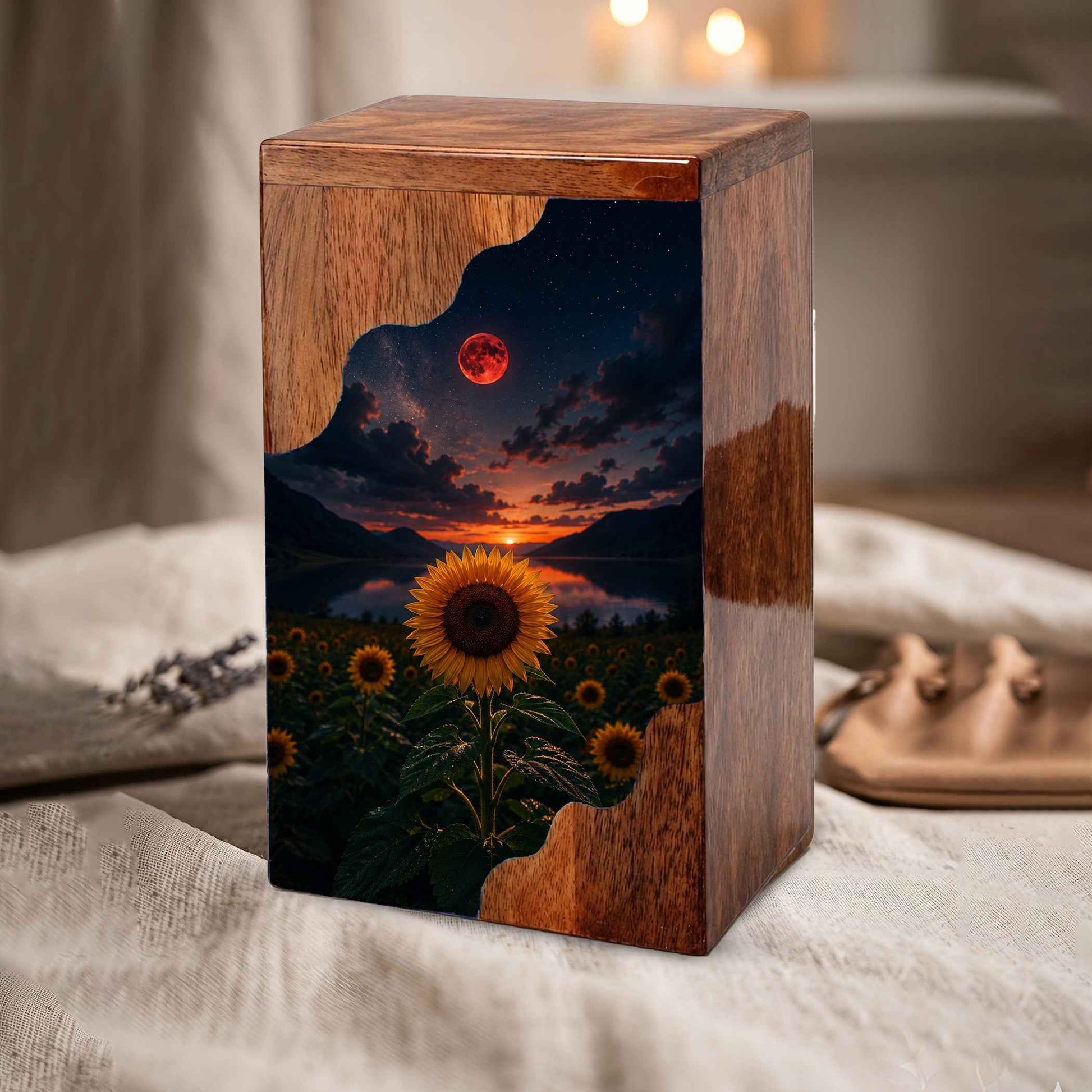 Sunflower Wooden Cremation Urn for Mom | Personalized Wooden Urn for Human Ashes | Red Moon Memorial Urn