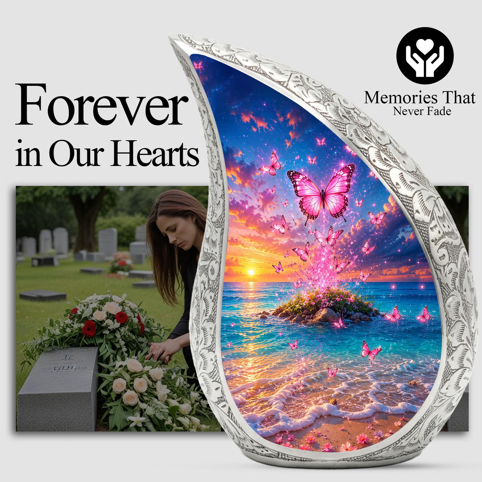 Butterfly Ocean Sunset Urn for Human Ashes | Pink Butterfly Beach Cremation Urn for Mom,