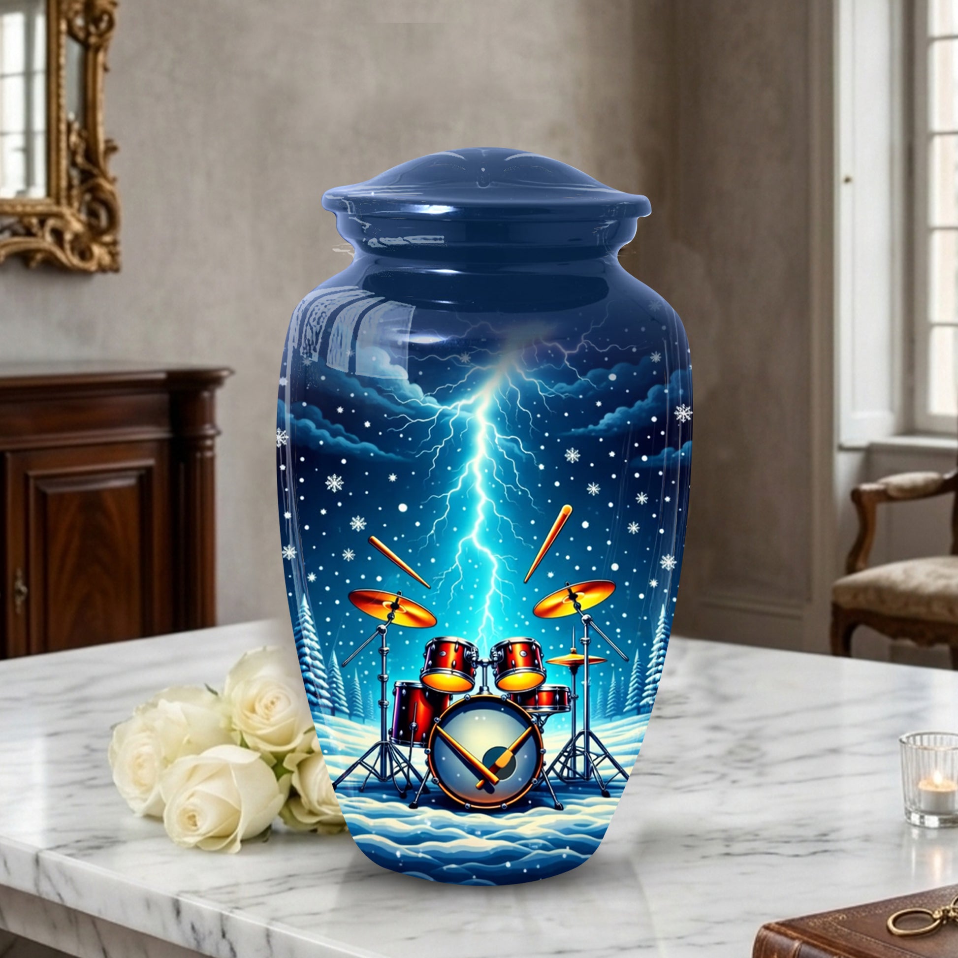 Drummer Adult Cremation Urn | Drum Set Funeral Urn | Music Memorial Adult Large Urn for Human Ashes