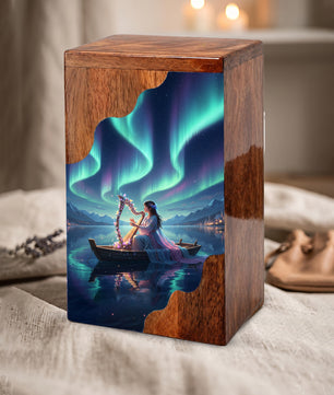 Aurora Harp Wooden Cremation Urn – Celestial Lake Memorial Wooden Urn for Human Ashes
