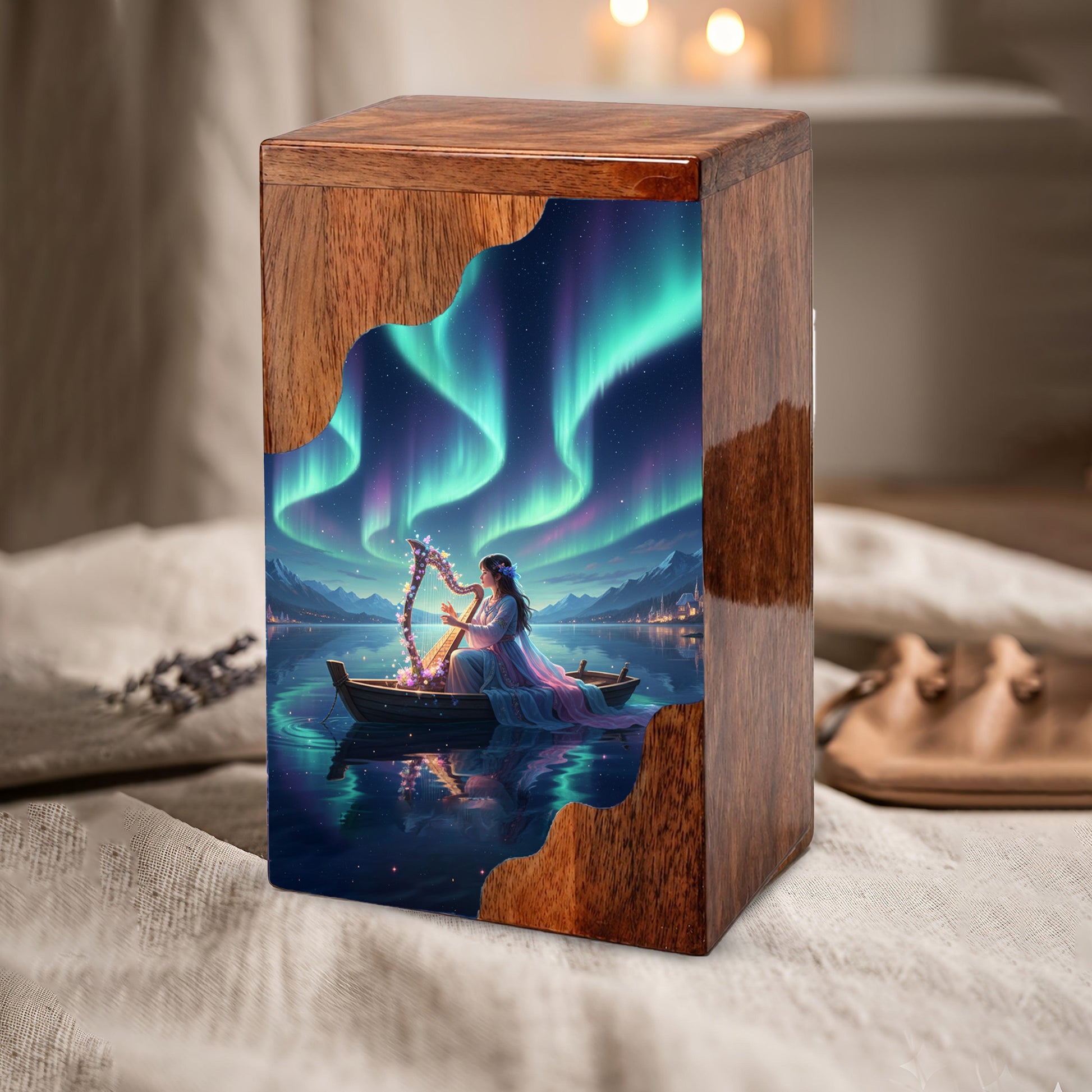 Aurora Harp Wooden Cremation Urn – Celestial Lake Memorial Wooden Urn for Human Ashes