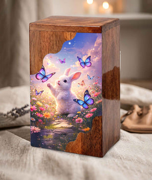 Wooden Cremation Urn – Rabbit Memorial Urn | Butterfly Garden Wooden Urn for Human Ashes