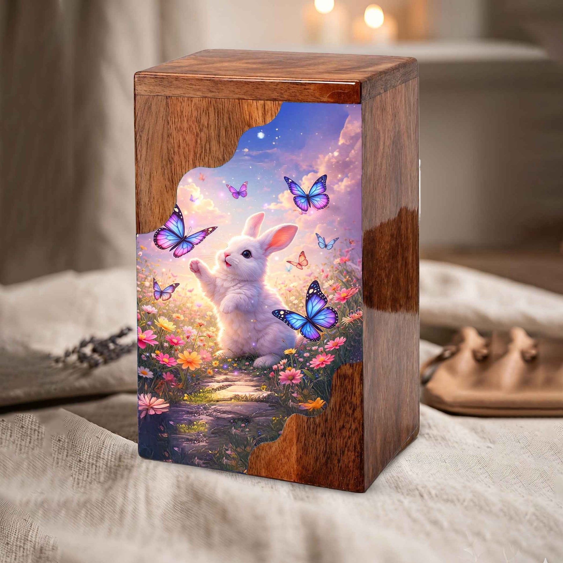 Wooden Cremation Urn – Rabbit Memorial Urn | Butterfly Garden Wooden Urn for Human Ashes