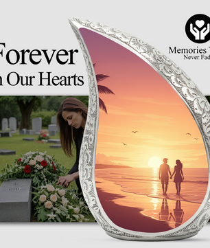 Personalized Beach Sunset Cremation Urn – Custom Ocean Memorial Urn for Ashes, Couple Beach Teardrop Aluminum Adult Urn, 10 Inch