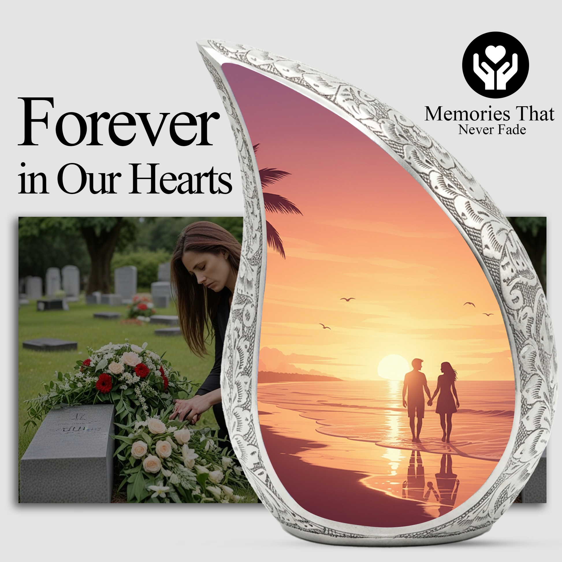 Personalized Beach Sunset Cremation Urn – Custom Ocean Memorial Urn for Ashes, Couple Beach Teardrop Aluminum Adult Urn, 10 Inch