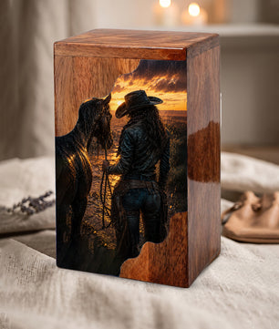 Western Horse Wooden Cremation Urn for Mom – Custom Memorial Urn for Human Ashes