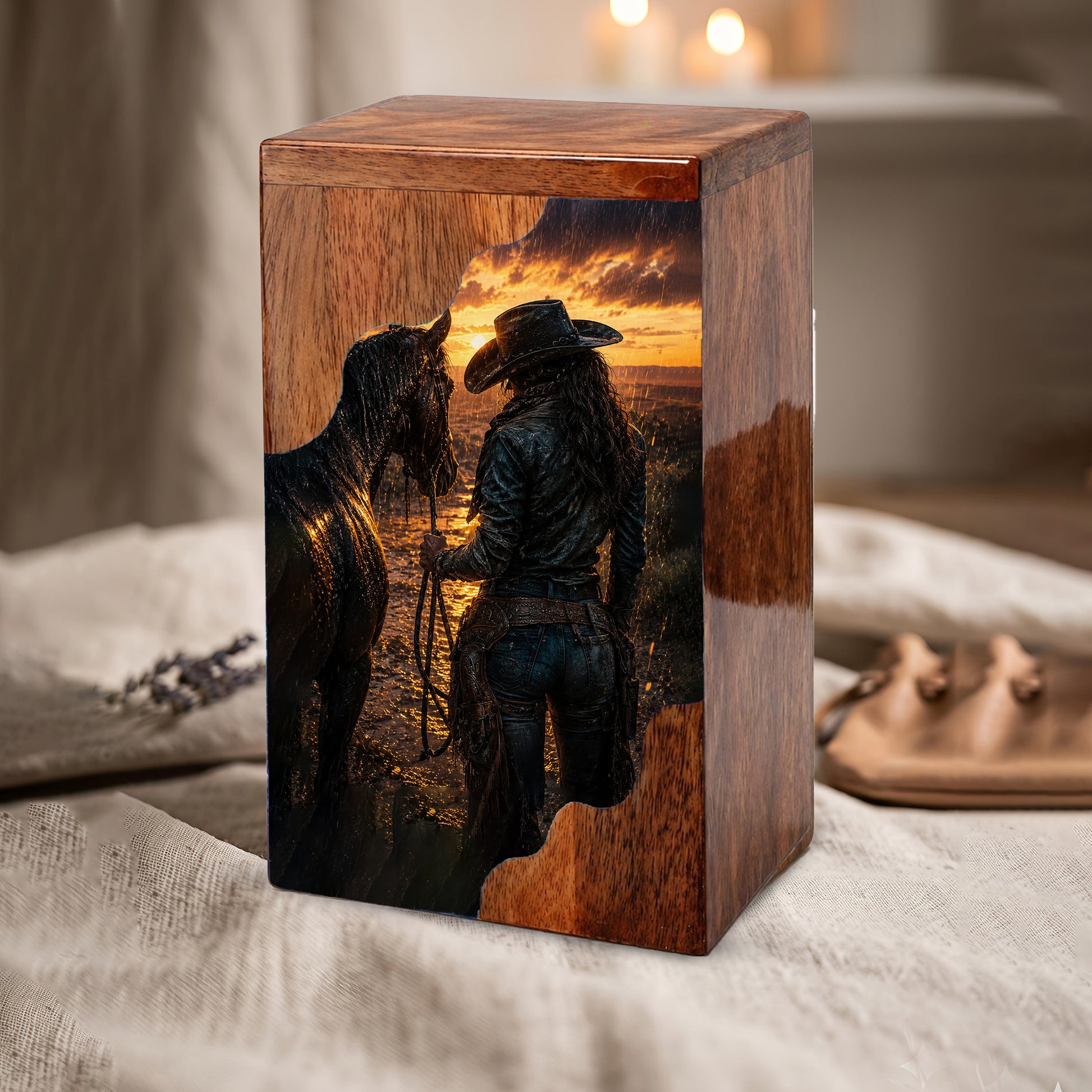 Western Horse Wooden Cremation Urn for Mom – Custom Memorial Urn for Human Ashes