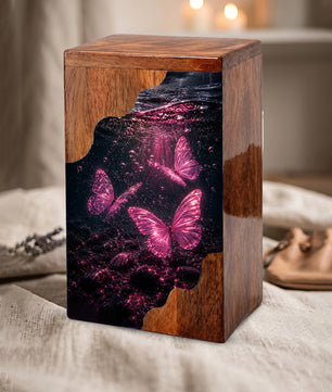 Butterfly Wooden Cremation Urn – Pink Butterfly Memorial Urn for Human Ashes