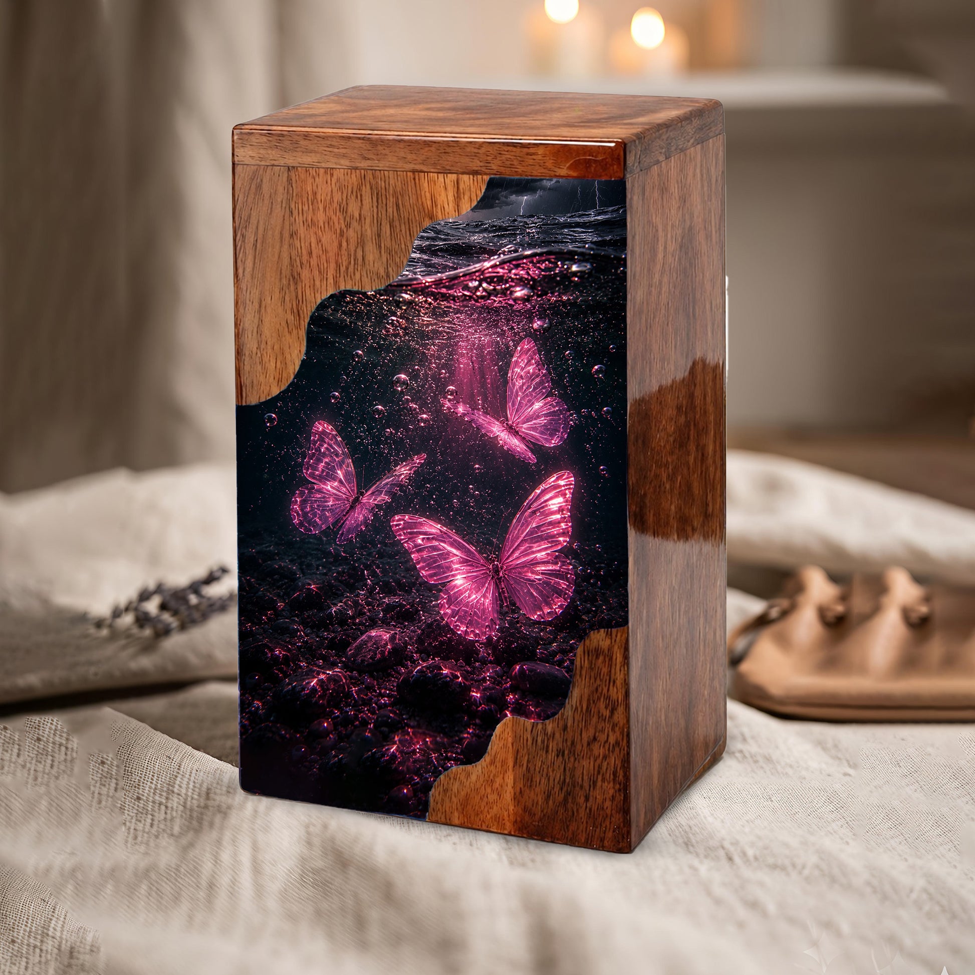 Butterfly Wooden Cremation Urn – Pink Butterfly Memorial Urn for Human Ashes