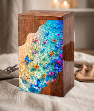 Butterfly Beach Wooden Cremation Urn – Ocean Memorial Urn for Mom
