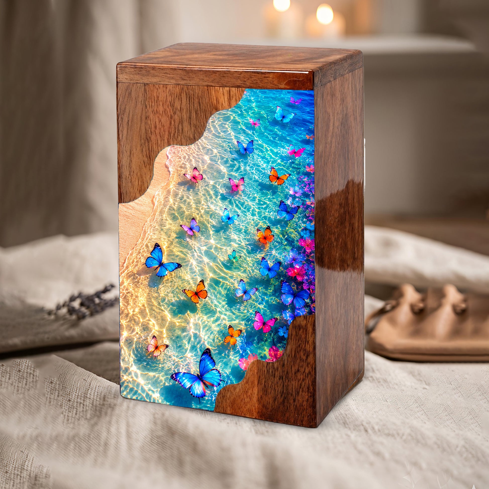 Butterfly Beach Wooden Cremation Urn – Ocean Memorial Urn for Mom