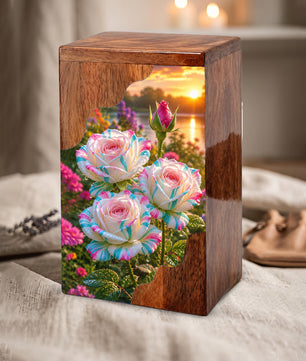 Floral Wooden Cremation Urn – Rose Memorial Urn for Human Ashes