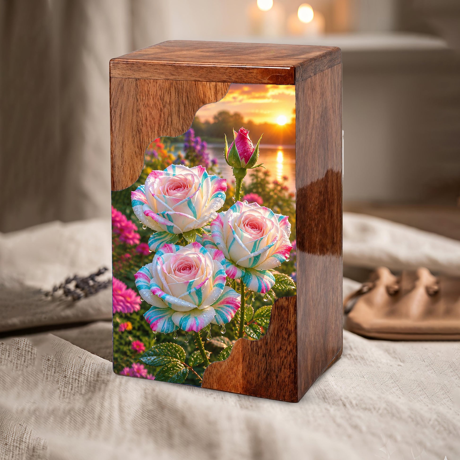 Floral Wooden Cremation Urn – Rose Memorial Urn for Human Ashes