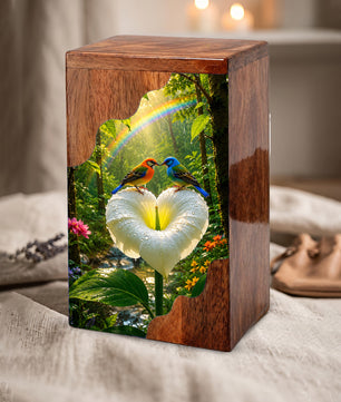 Rainbow Birds Wooden Cremation Urn – Personalized Memorial Urn for Human Ashes
