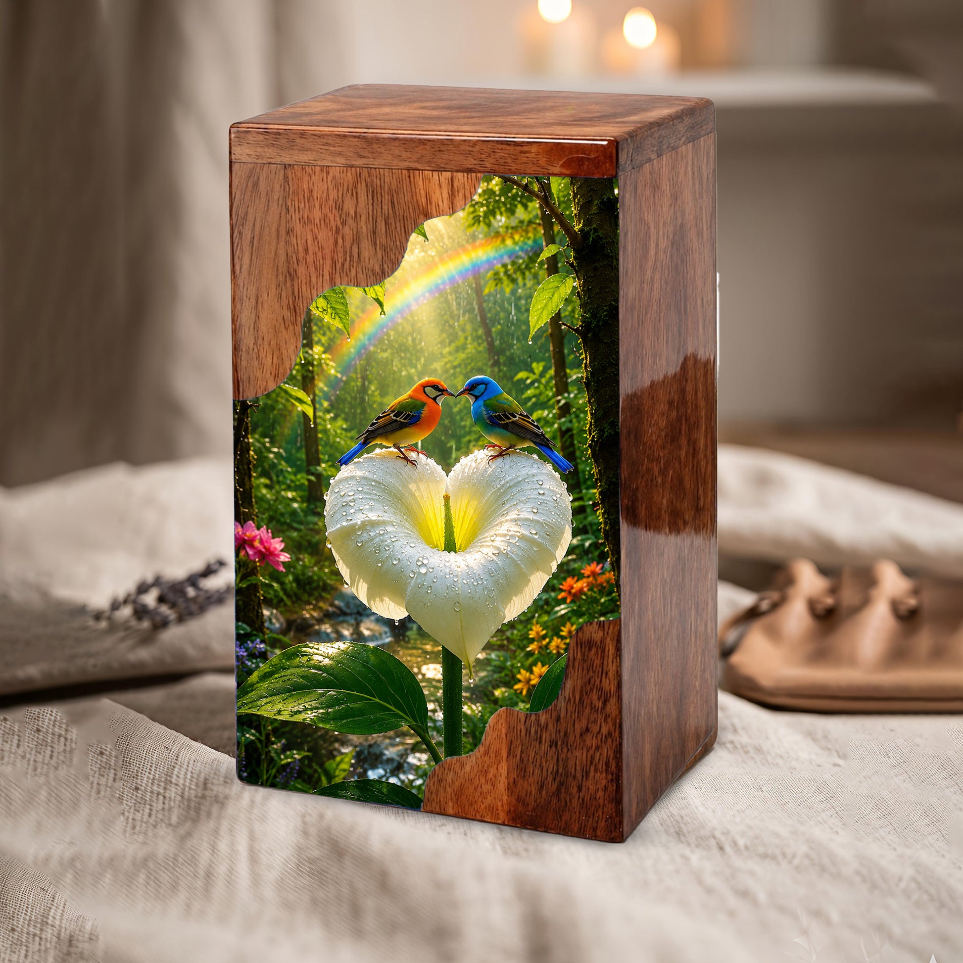 Rainbow Birds Wooden Cremation Urn – Personalized Memorial Urn for Human Ashes