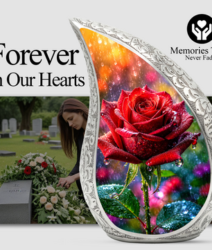 Red Rose Memorial Urn for Mom, Elegant Cremation Urn for Women