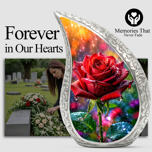 Red Rose Memorial Urn for Mom, Elegant Cremation Urn for Women