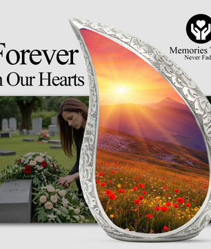 Sunrise Personalized Cremation Urn – Teardrop Style Aluminum Memorial Urn, 10 Inch