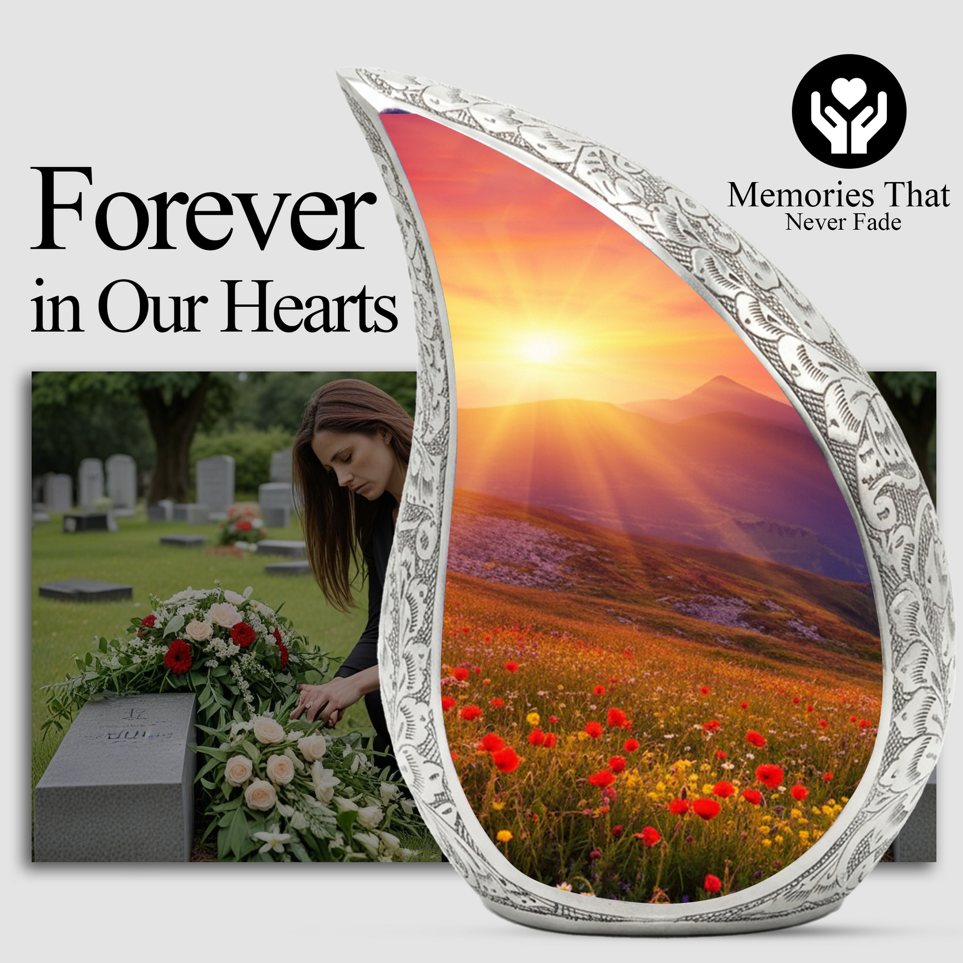 Sunrise Personalized Cremation Urn – Teardrop Style Aluminum Memorial Urn, 10 Inch