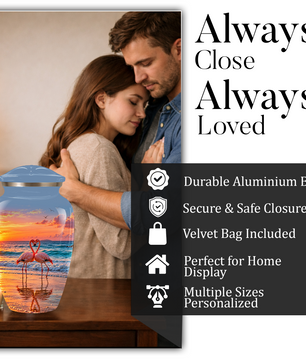Flamingo Cremation Urn for Ashes, Romantic Beach Sunset Design, Custom Urn for Loved Ones
