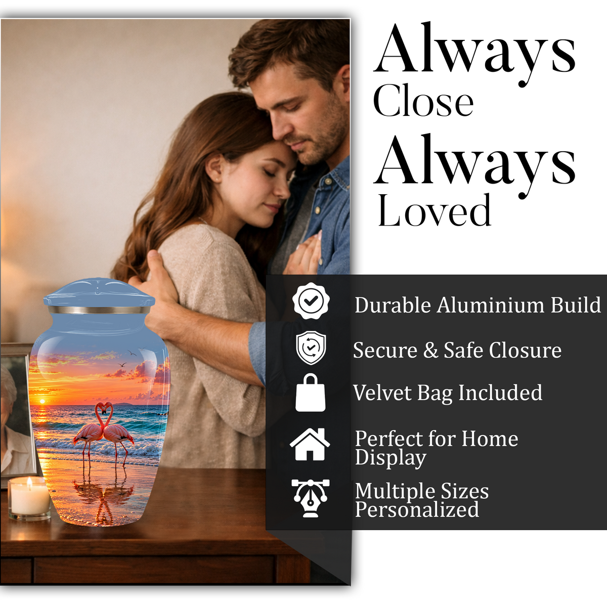 Flamingo Cremation Urn for Ashes, Romantic Beach Sunset Design, Custom Urn for Loved Ones