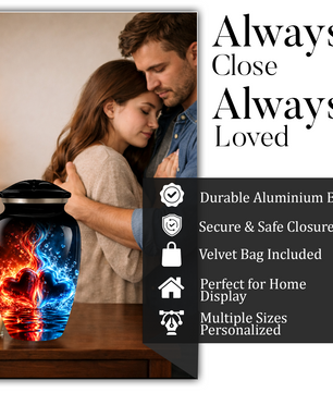 Red and Blue Heart Cremation Urn for Adult Ashes, Personalized Memorial Urn with Fire and Water Design