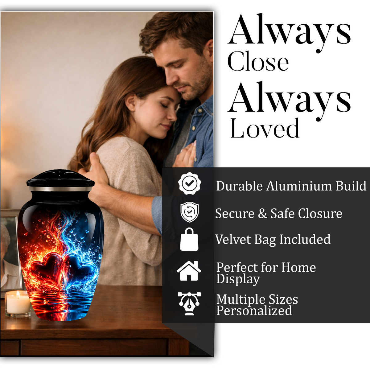 Red and Blue Heart Cremation Urn for Adult Ashes, Personalized Memorial Urn with Fire and Water Design