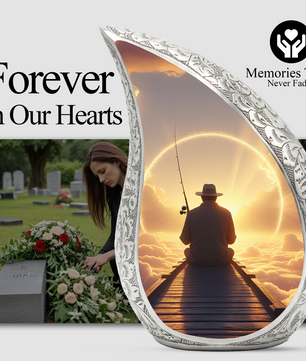Fishing Personalized Cremation Urn for Dad – Teardrop Style Aluminum Memorial Urn, 10 Inch