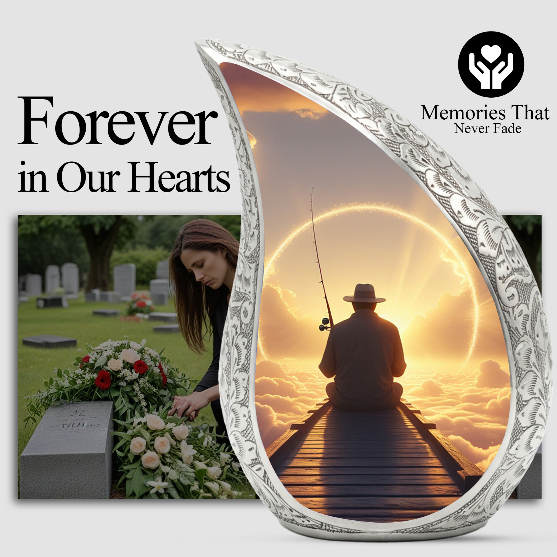 Fishing Personalized Cremation Urn for Dad – Teardrop Style Aluminum Memorial Urn, 10 Inch