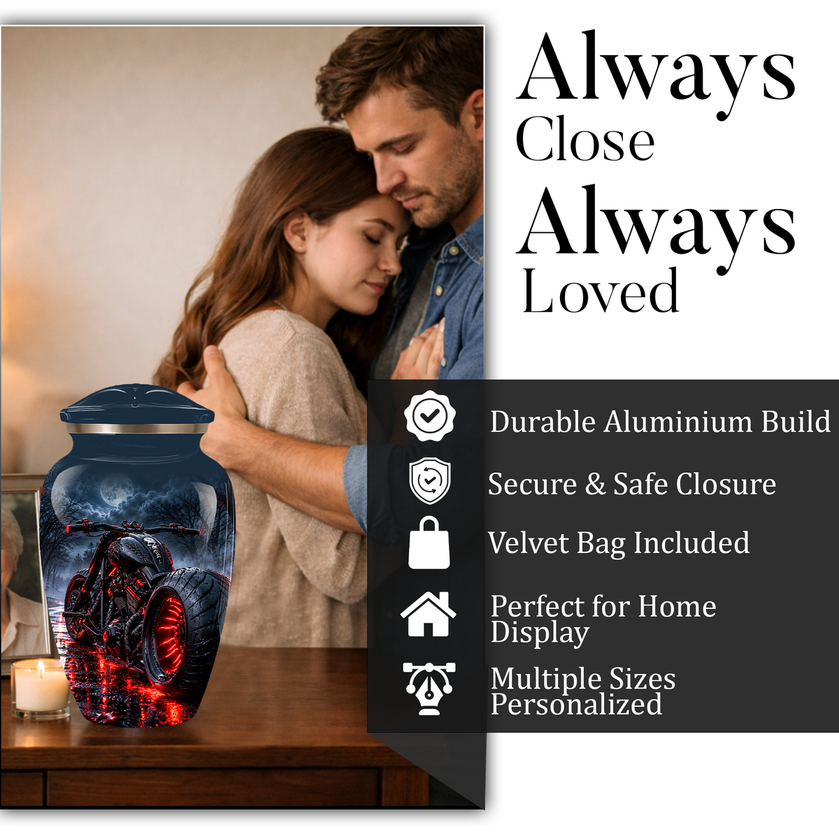 Personalized Adult Cremation Urn for Ashes, Custom Motorcycle Memorial Urn, Black Chopper with Red LED Lights