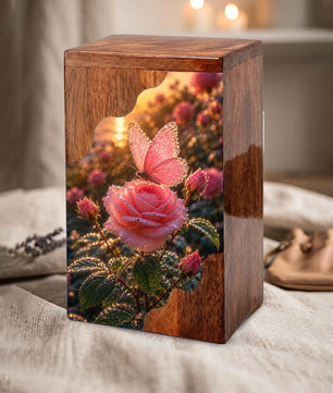Pink Rose & Butterfly Wooden Cremation Urn – Personalized Memorial Urn for Human Ashes