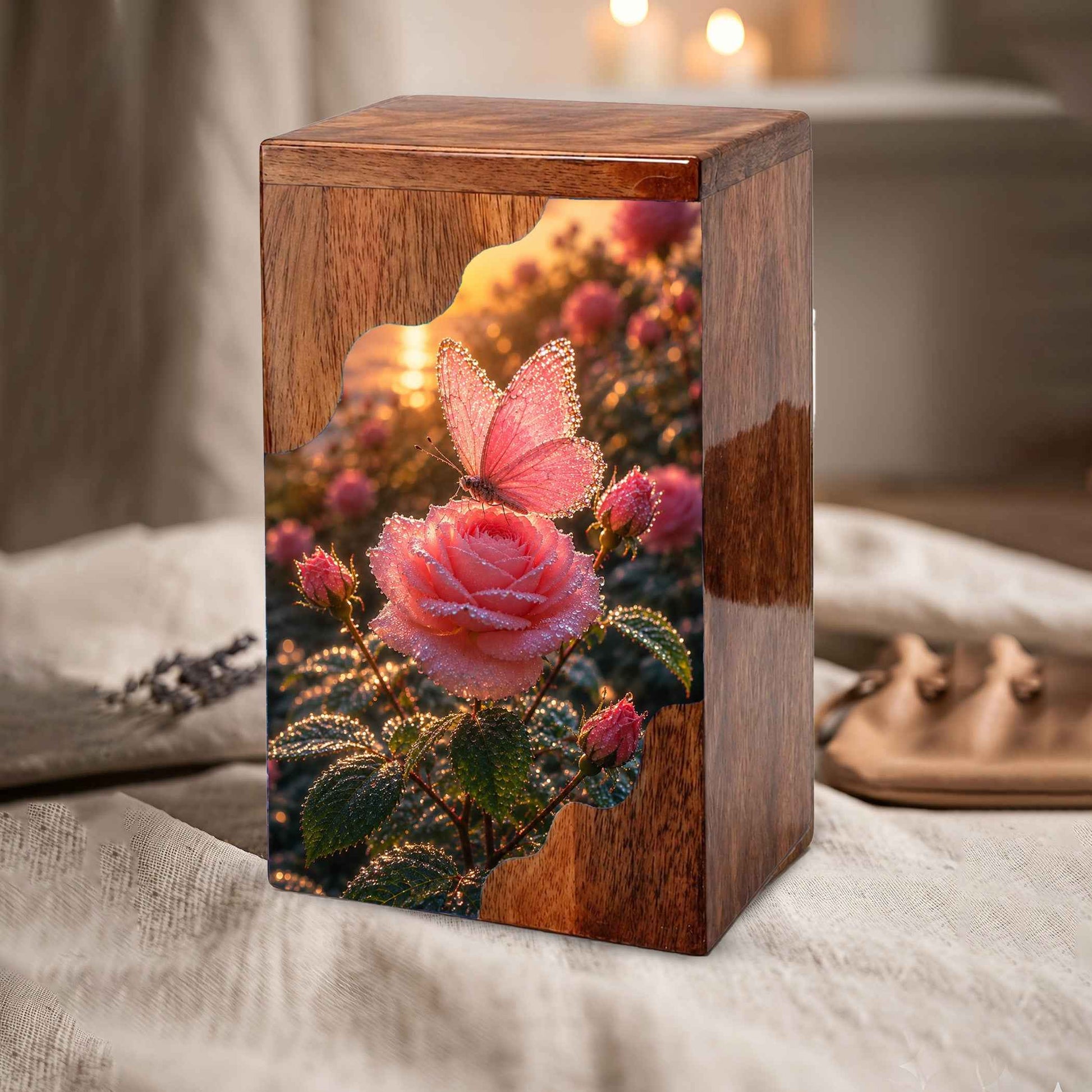 Pink Rose & Butterfly Wooden Cremation Urn – Personalized Memorial Urn for Human Ashes