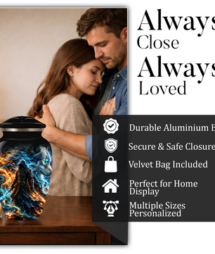 Personalized Adult Cremation Urn for Ashes, Custom Wolf Memorial Urn, Fantasy Warrior Blue and Orange Flame Artwork