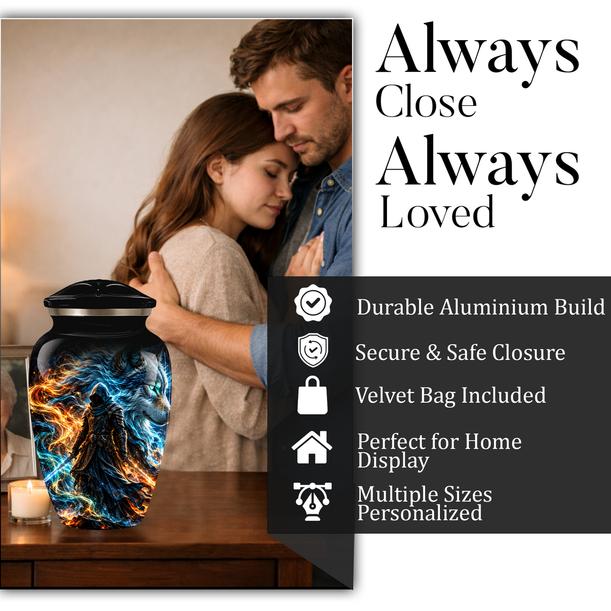 Personalized Adult Cremation Urn for Ashes, Custom Wolf Memorial Urn, Fantasy Warrior Blue and Orange Flame Artwork