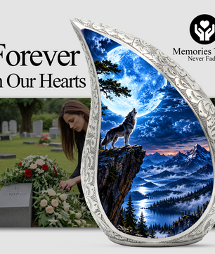 Wolf Moon Cremation Urn for Adult Ashes, Mountain Wildlife Memorial Urn, Howling Wolf Full Moon Design, Decorative Urn for Mom or Dad