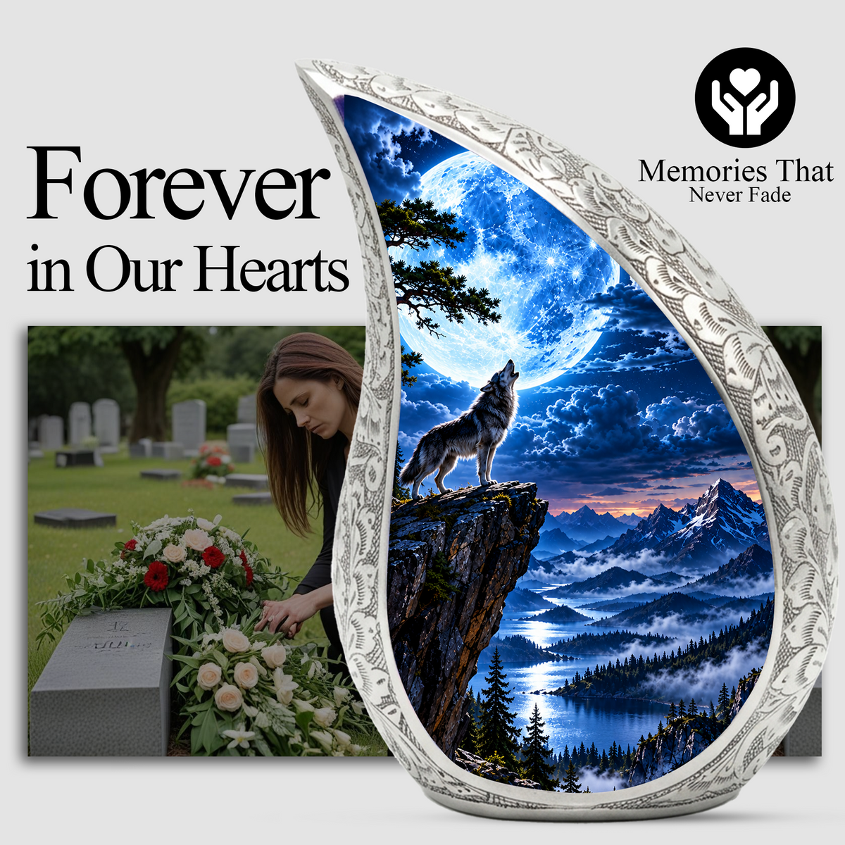 Wolf Moon Cremation Urn for Adult Ashes, Mountain Wildlife Memorial Urn, Howling Wolf Full Moon Design, Decorative Urn for Mom or Dad