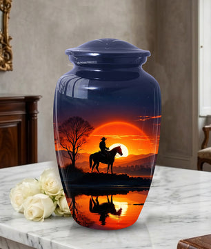 Cowboy Horse Urn for Dad | Funeral Cremation Large Urn for Father | Western Sunset Memorial Urn