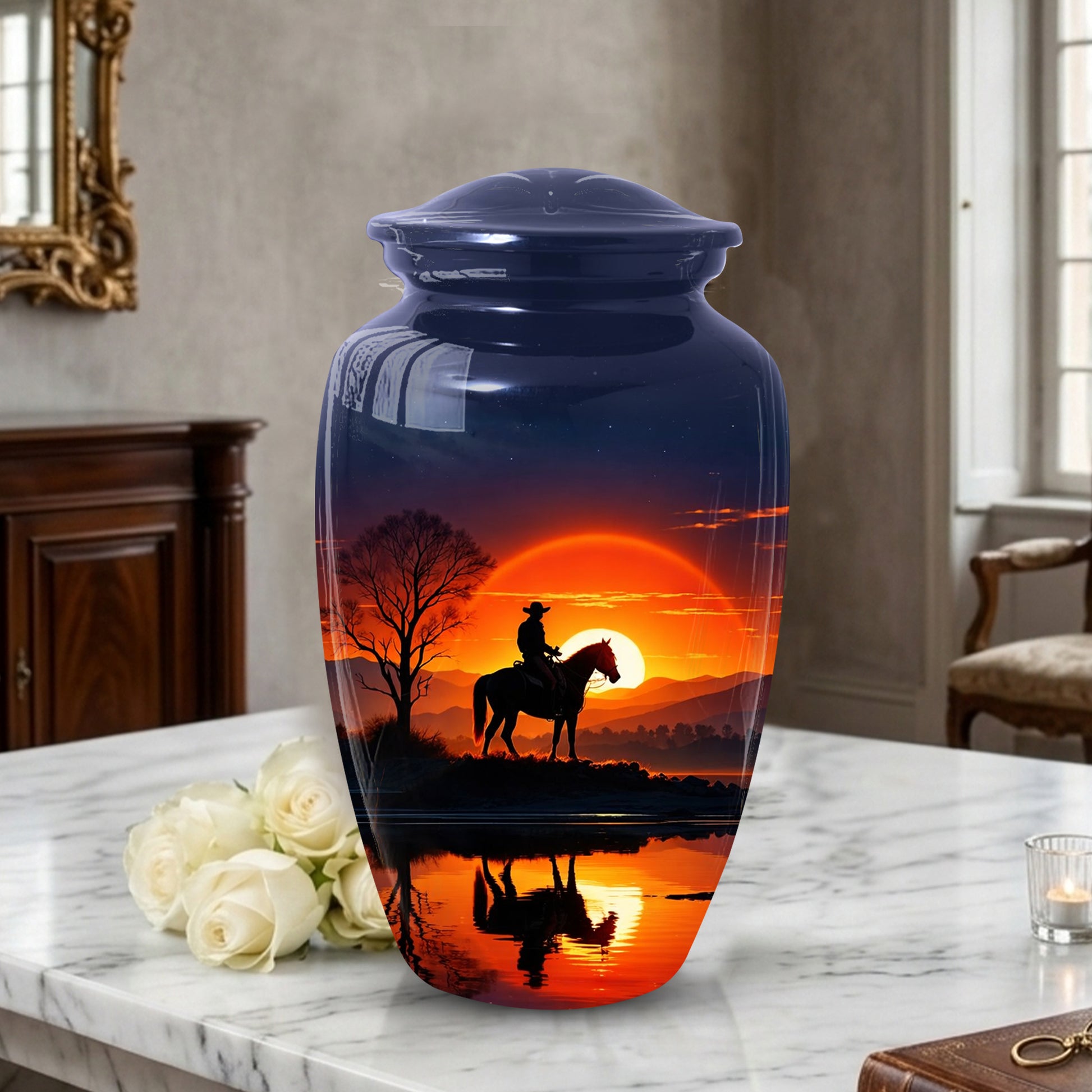 Cowboy Horse Urn for Dad | Funeral Cremation Large Urn for Father | Western Sunset Memorial Urn