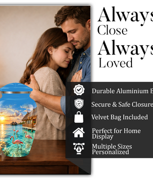 Adult Cremation Urn for Ashes, Personalized Aluminum Adult Urn, Tropical Beach Flamingo Memorial Urn