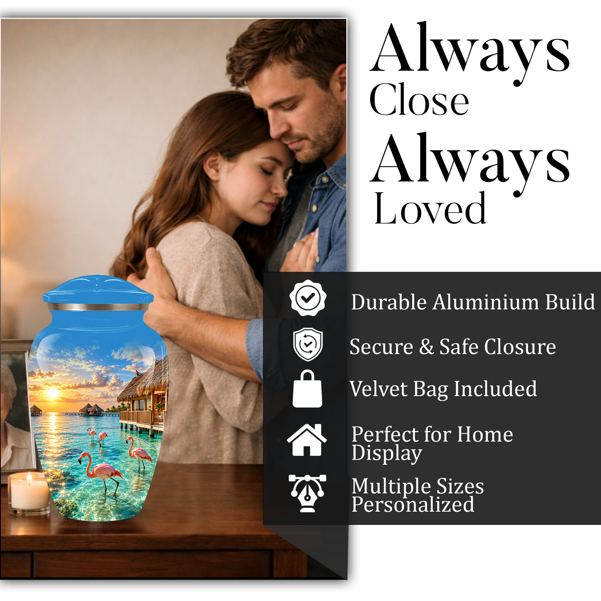 Adult Cremation Urn for Ashes, Personalized Aluminum Adult Urn, Tropical Beach Flamingo Memorial Urn