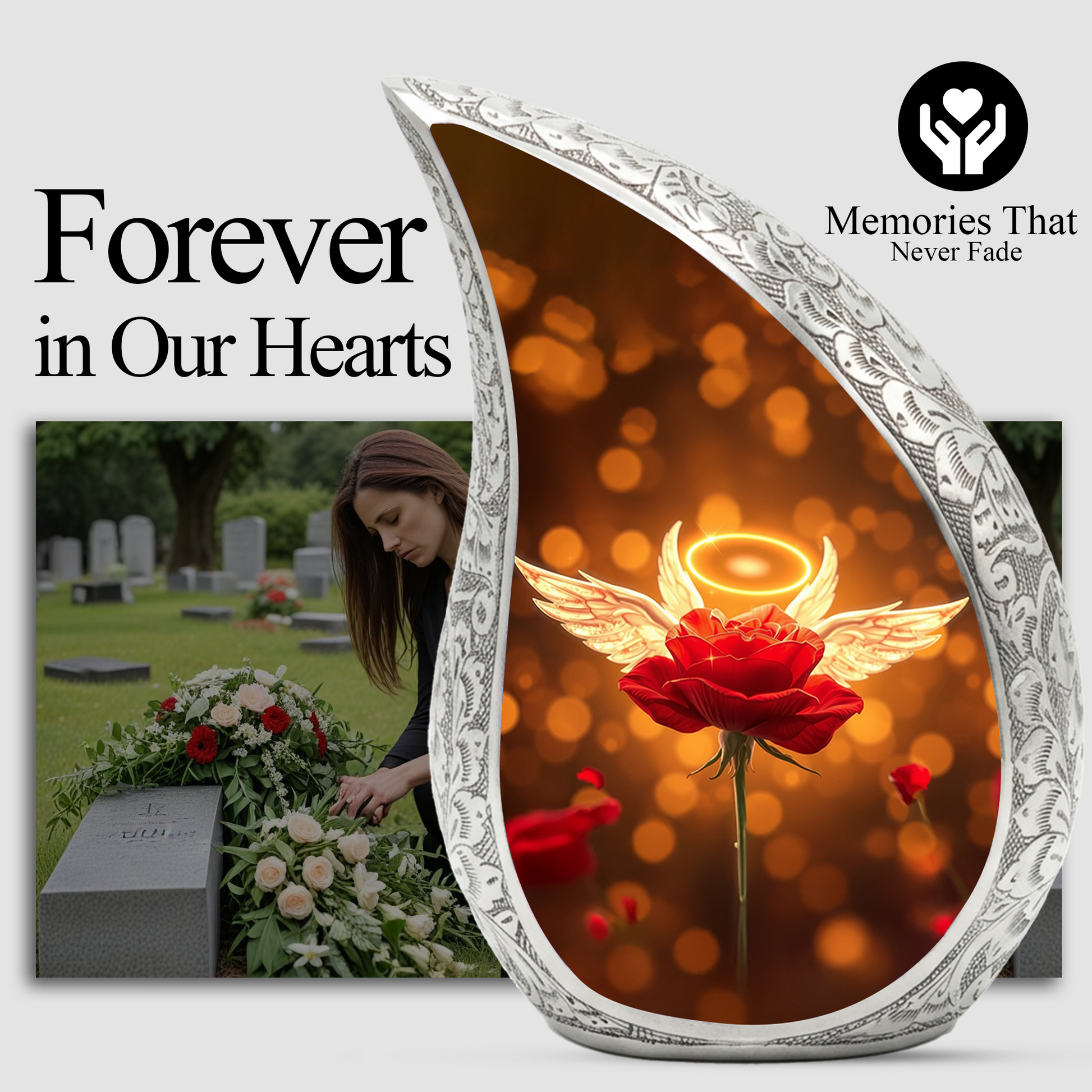 Angel Rose Personalized Cremation Urn – Teardrop Memorial Urn for Ashes | 10 Inch Aluminum Urn