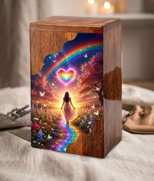 Rainbow Heart Wooden Cremation Urn – Celestial Rainbow Memorial Wooden Urn for Human Ashes